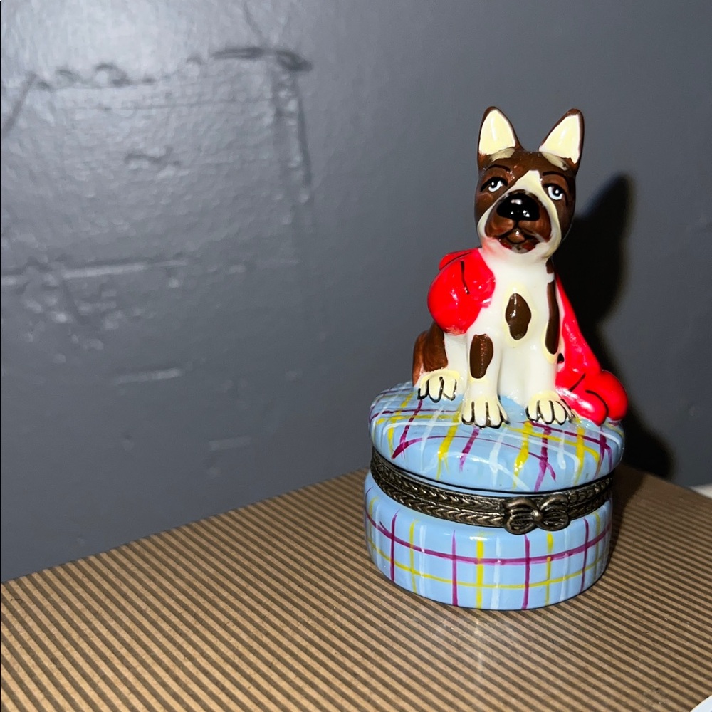 LAST CHANCE! Enameled Boston Terrier Dog on Hinged Trinket Box w/trinket bone